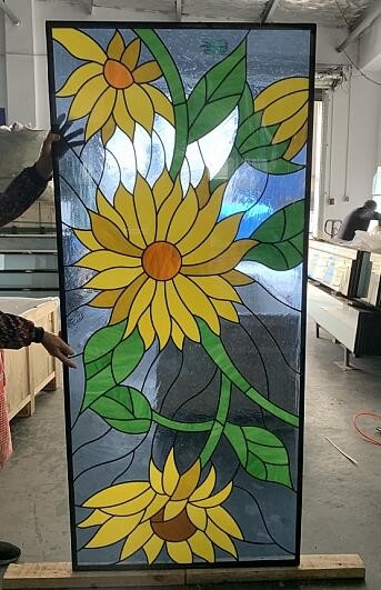Customeized Sunflower Design Decorative Leaded Glass With Patina Caming For Entry Door