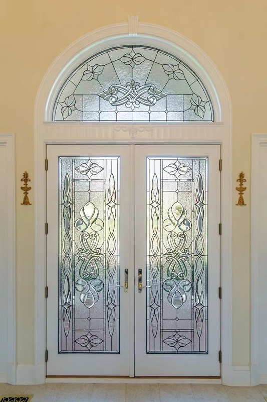 American Style Entry Door Glass Inserts With Clear Beveled And Patina Caming